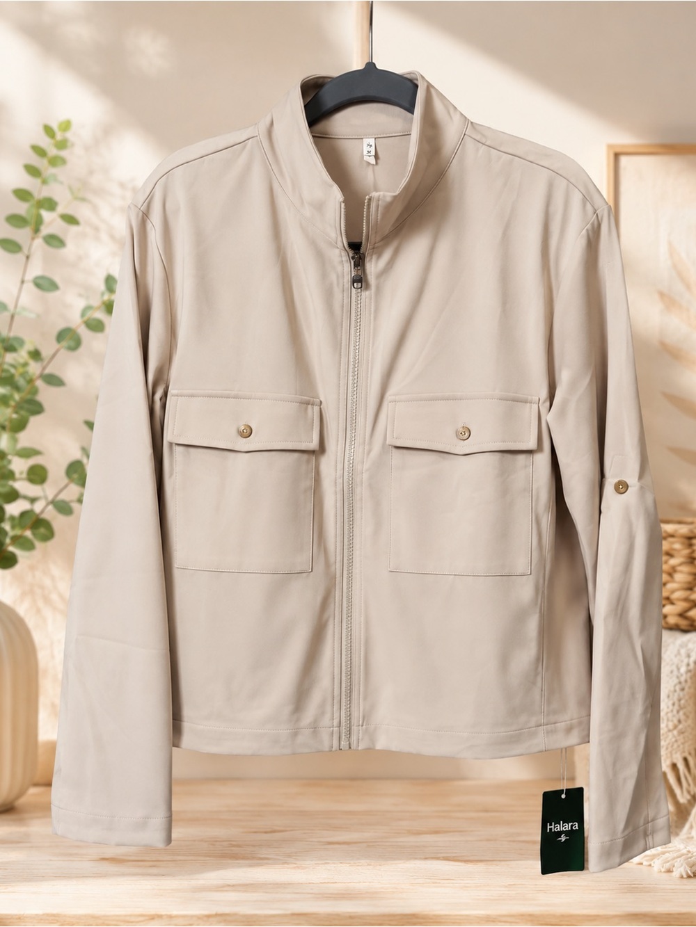 NWT Halara Stand Collar Utility Jacket Arctic Wolf Roll Tab Sleeves Drawstring